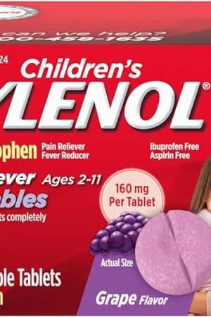 Children's Tylenol Chewables with 160 mg Acetaminophen, Pain Reliever & Fever Reducer for Kids' Cold + Flu Symptoms, Headache, Sore Throat & Toothache, Aspirin-Free, Grape Flavor, 24 ct