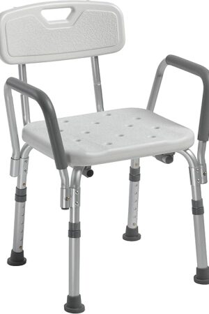 Drive Medical 12445KD-1 Shower Chair with Back and Padded Arms, Adjustable Height Bath Stool with Nonslip Feet, Tub Chair for Elderly, Bath Seat with Back, 350 LB Weight Cap, White