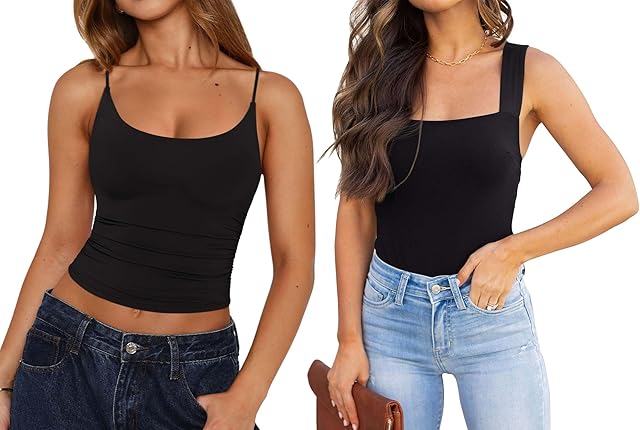 Womens Sexy Club Square Neck Sleeveless Bodysuits and Scoop Neck Adjustable Ruched Cami Crop Tops 2 Pieces Small