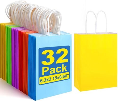 XPCARE 32Pcs Paper Gift Bags, 63"x315"x866" Kraft Paper Party Favor Bags Bulk Rainbow Goodie Bags Small Gift Bags with Handles for Kids Birthday Baby Shower Crafts Wedding Party Supplies (6 Colors)