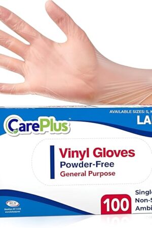 CARE PLUS Vinyl Gloves Clear Large Size 100 Count | Heavy Duty, Non-Sterile, Powder-Free, Latex-Free Rubber | Food Prep, Kitchen & Cleaning Gloves, Ideal for Professional Use