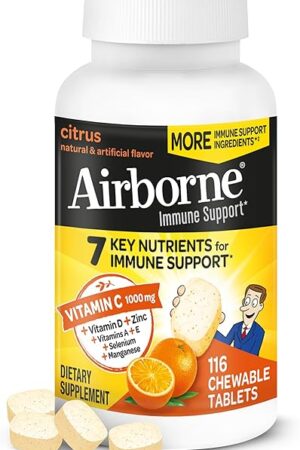 Airborne Vitamin C 1000mg (per Serving) - Citrus Chewable Tablets (116 Count in a Bottle), Gluten-Free Immune Support Supplement, with Vitamins A C E, Zinc, Selenium, Echinacea, Ginger, Antioxidants