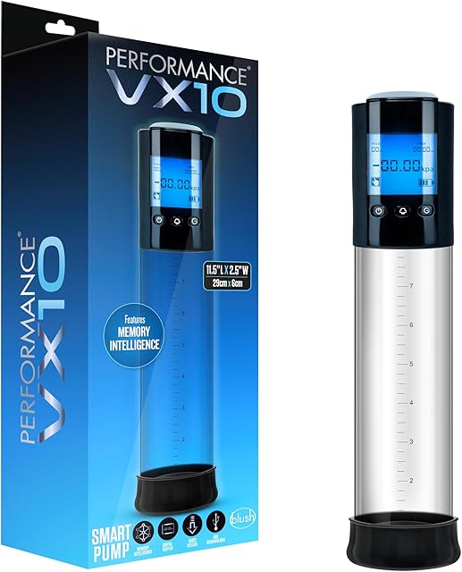 Blush Performance VX10 Smart Penis Pump 11.75 - Rechargeable Cock Enlargement Pump for Men w/Memory Settings - LCD Screen, Quick-Release, Measurement Marks - Male Size Enhancer - (Clear Sleeve)