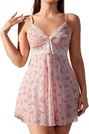 Women Lingerie Sexy Babydoll Nightgown Lace Chemise V-Neck Mesh Sleepwear Sling Nightdress Boudoir Teddy Underwear
