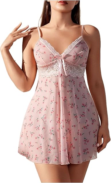 Women Lingerie Sexy Babydoll Nightgown Lace Chemise V-Neck Mesh Sleepwear Sling Nightdress Boudoir Teddy Underwear