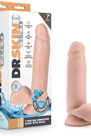 Blush Novelties Dr. Skin Glide 7 Inch Realistic Dildo with Balls, Strap On Harness Compatible, Sex Toy for Adults, Vanilla