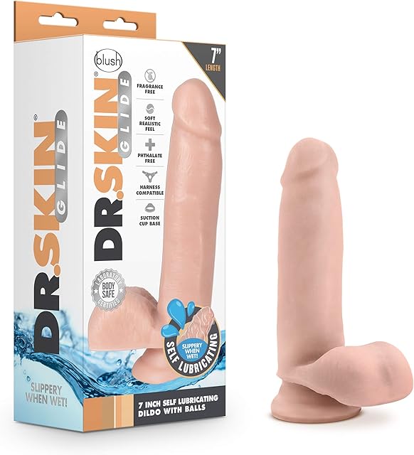 Blush Novelties Dr. Skin Glide 7 Inch Realistic Dildo with Balls, Strap On Harness Compatible, Sex Toy for Adults, Vanilla