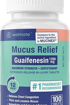 WELMATE - Mucus Relief - Guaifenesin 1200 mg Maximum Strength - Extended-Release Expectorant Tablets - Helps Clear Chest Congestion & Loosen Mucus - 12 Hour Relief - 100 Count