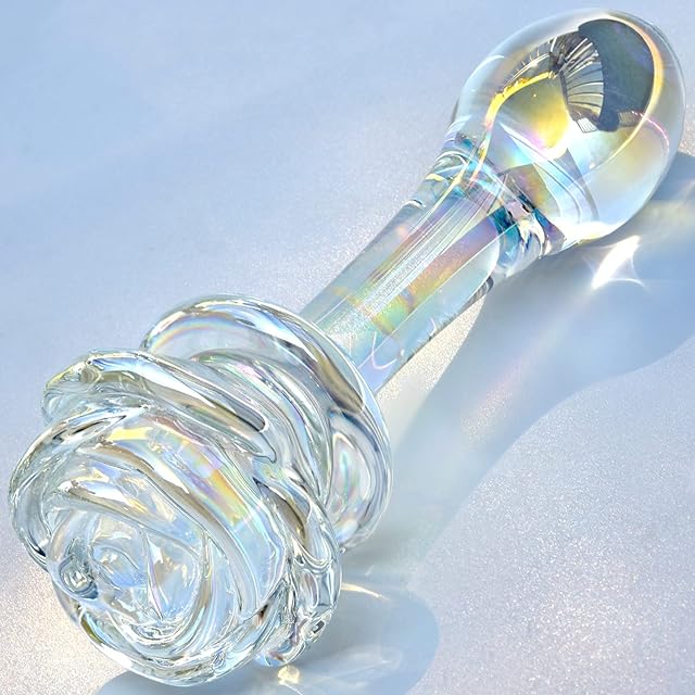 Glass Anal Plug Colorful Butt Plug Prostate Massager with Rose Round Base, Long Neck and Gradual Head Fetish Bum Plug Anal Dilator Masturbation Sex Toy for Men Women 5.35 x 1.37 inch TJIJP