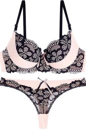Women's Exotic Lingerie Sets Floral Mesh Lace Full Cover Underwire Push Up Bra and Panty Set 2 Piece Lingerie Set