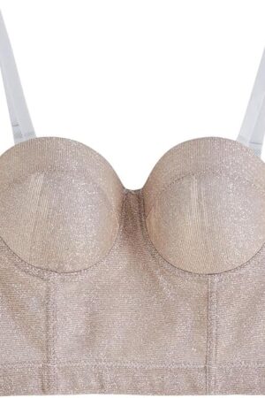 Women Dazzling Shiny Bustier Crop Top Summer Sexy Push Up Croset Bra Top Going Out Party Camisoles Tops Apricot