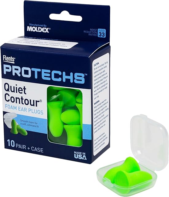 Flents Protechs Foam Ear Plugs, 10 Pair with case Sleeping, Snoring, Loud Noise, Traveling, Concerts, Construction, Studying, Work, Shooting, NRR 33, Noise Cancelling, Green, Made in the USA