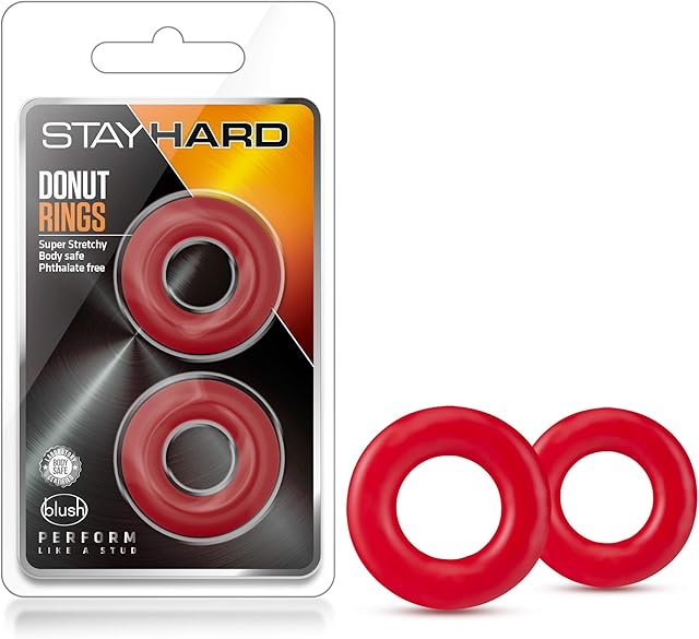 Blush Novelties Stay Hard Donut Cock Rings, Super Stretchy Stamina Increase Penis Ring for Longer, Harder, Bigger Erections, Adds Girth, ED Support, Pleasure Enhancing Sex Toy for Men & Couples - Red