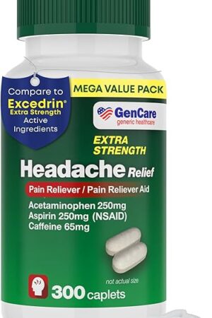 GenCare - Headache Relief Acetaminophen with Aspirin (NSAID) & Caffeine (300 Caplets) Value Pack | Head Pain, Muscle Aches, Back Pain & Body | Generic ExcedrEn Extra Strength