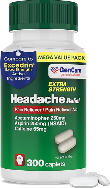 GenCare - Headache Relief Acetaminophen with Aspirin (NSAID) & Caffeine (300 Caplets) Value Pack | Head Pain, Muscle Aches, Back Pain & Body | Generic ExcedrEn Extra Strength