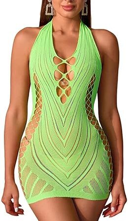 Women's Mesh Fishnet Cut Out BobyStocking Babydoll Bodysuit Clubwear Sexy Lingerie Mini Dress Tights Jumpsuit