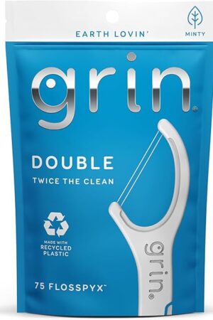 GRIN Double Flosspyx, Floss Picks, 75 Count, Dental Flossers, Minty Flavor, Recycled Plastic, 2 Lines of Strong Floss, Longer Floss Head, Traps Food and Plaque, Includes Safe Soft Fold-Back Tooth Pick