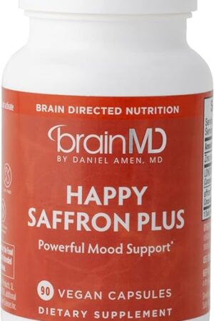 Dr Amen BrainMD Happy Saffron Plus - 90 Capsules - With Saffron Flower Extract, Curcumin & Zinc - Vegan, Gluten Free - 30 Servings