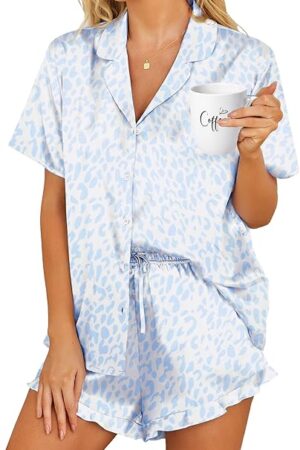 Womens Satin Pajamas Set Button Down 2 Piece Silk Pjs Shorts Set Ruffle Lingerie Notch Collar Sleepwear