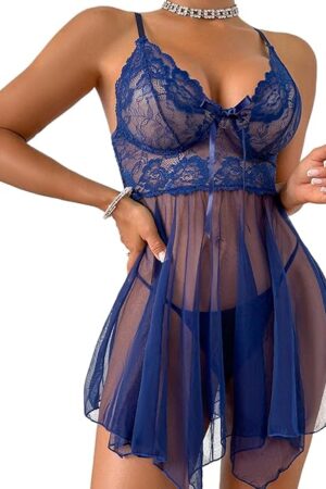 Women's Lingerie Sexy Lace Babydoll Dress Pajamas with Pantie Navy
