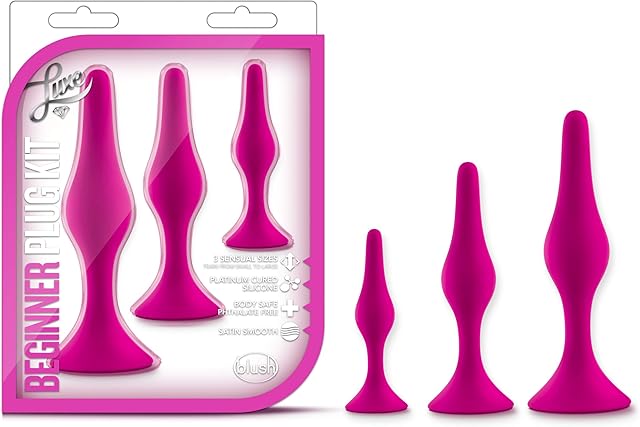 Blush Luxe Silicone Butt Plug Kit - Anal Training Set for Beginners Advanced Users - Soft, Tapered Heads - Satin Smooth - Suction Cup Base - Pleasurable Sex Toys for Women, Men & Couples - (Pink)