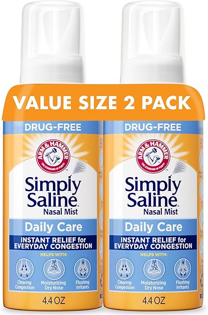 Arm & Hammer Simply Saline Daily Care Nasal Mist 44oz, Saline Nasal Spray, Drug-Free, 2-Pack