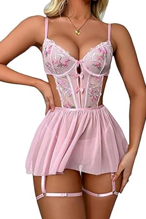 Women Sexy Lingerie Mesh Babydoll Sleepwear V Neck Underwire Chemise Strap Nightgown Nightdress