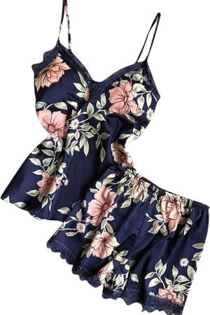 Women's Floral Printed Pajama Set Lace Vest with Shorts Sexy SleepwearLace Lingerie Nightgown Soft Loungewear