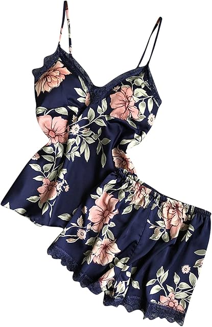 Women's Floral Printed Pajama Set Lace Vest with Shorts Sexy SleepwearLace Lingerie Nightgown Soft Loungewear