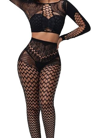 Womens Sexy Fishnet Lingerie Sets Footless Fishnet Stockings Hollow Out Long Sleeve 2 Piece Mesh Bodysuits