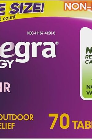 Allegra Adult 24-Hour Allergy Relief Tablets, Non-Drowsy Indoor and Outdoor Allergy Medicine, 180 mg Fexofenadine HCI Antihistamine Pill, 70-Count