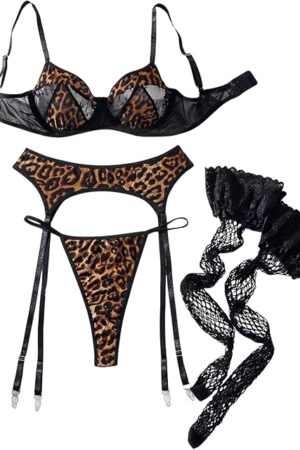 Women's Leopard Print 5 Piece Garter Lingerie Set Underwire Bra and Thongs with Lace Stocking