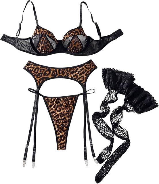 Women's Leopard Print 5 Piece Garter Lingerie Set Underwire Bra and Thongs with Lace Stocking