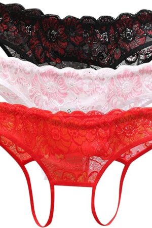 Womens Sexy Lace G-String Thongs Open Cut Panties Low Rise Cheeky Underwear Exotic Lingerie 3 Pack