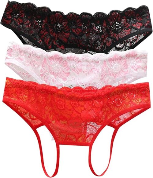 Womens Sexy Lace G-String Thongs Open Cut Panties Low Rise Cheeky Underwear Exotic Lingerie 3 Pack
