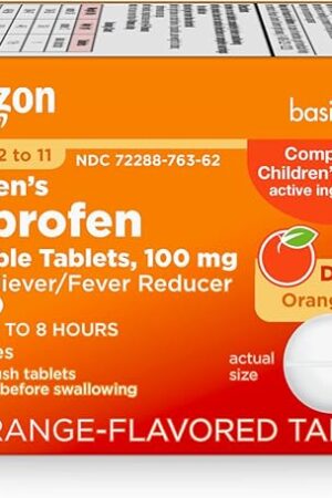 Amazon Basic Care Children's Ibuprofen Chewable Tablets, Pain Reliever and Fever Reducer, Orange Flavor, Ages 2-11, Lasts up to 8 Hours, 100 mg, 24 Count