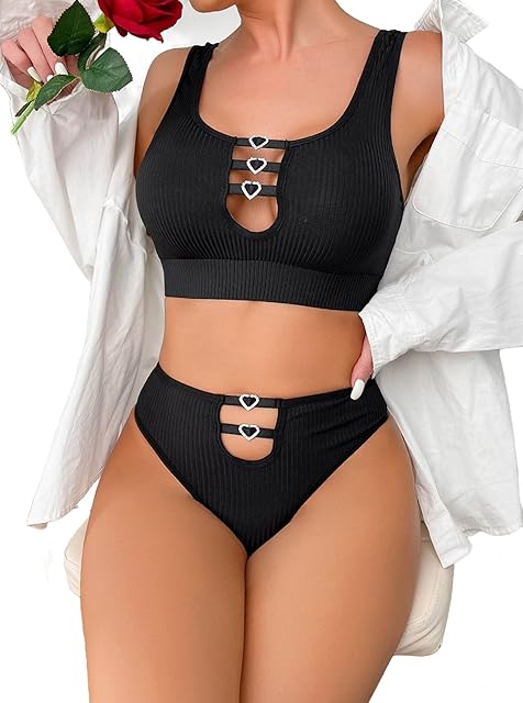 2 Piece Lingerie for Women Sexy Bra and Panty Sets Cute Rhinestone Heart Ring Linked Lingerie Set