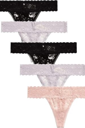 Women's Thong Underwear - 5 Pack Microfiber Stretch Lace Panties Soft & Sexy Lingerie for Women
