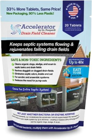 Drain Field Cleaner Tablets by Dr Pooper Clears Septic Tanks and Drain Fields of Tough Clogs, Scum, Sludge AND Eliminates Odors FAST - Aerobic & Anaerobic Systems - Easy to Use, Just Flush
