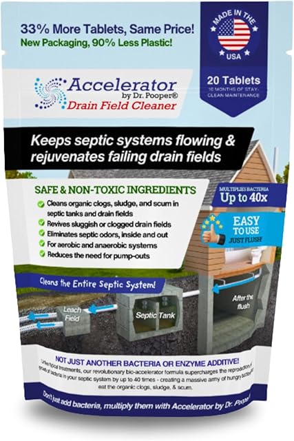 Drain Field Cleaner Tablets by Dr Pooper Clears Septic Tanks and Drain Fields of Tough Clogs, Scum, Sludge AND Eliminates Odors FAST - Aerobic & Anaerobic Systems - Easy to Use, Just Flush