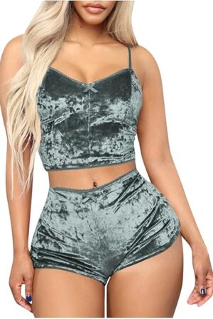 Women Sexy Strappy Babydoll Lingerie Velvet Pajama Set Camisole with Shorts Set Nightwear 2 Piece Sleepwear
