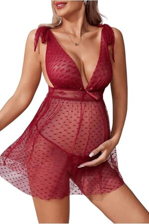 Women's Maternity 2 Piece Heart Deep V Neck Mesh Babydoll Nightgown Lingerie Set with Thong