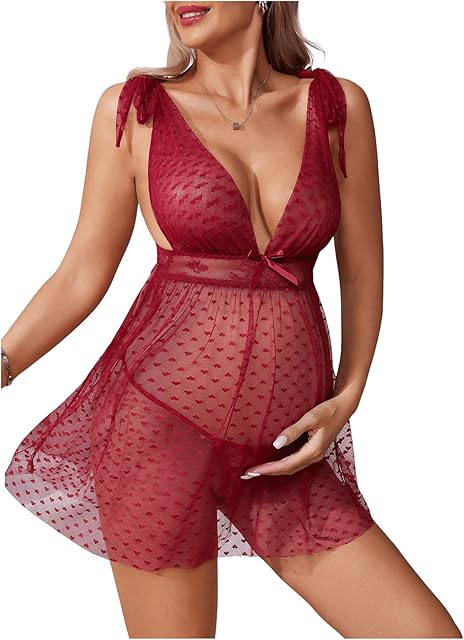 Women's Maternity 2 Piece Heart Deep V Neck Mesh Babydoll Nightgown Lingerie Set with Thong