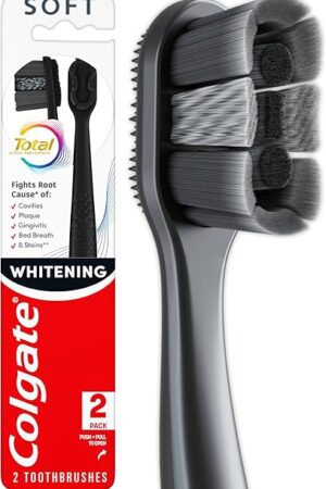 Colgate Total Active Prevention Soft Bristle Whitening Toothbrushes, Soft Toothbrush with Charcoal Infused Bristles, Helps Whiten and Reaches Deeper Along The Gumline and Between Teeth, Black, 2 Pack