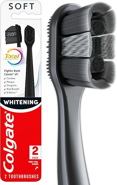 Colgate Total Active Prevention Soft Bristle Whitening Toothbrushes, Soft Toothbrush with Charcoal Infused Bristles, Helps Whiten and Reaches Deeper Along The Gumline and Between Teeth, Black, 2 Pack