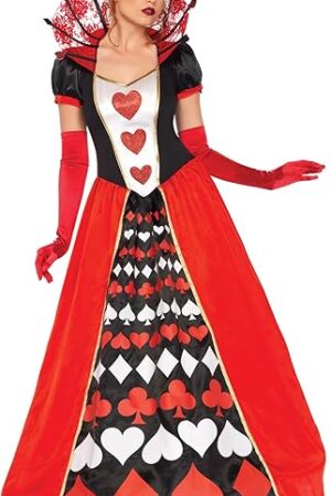 Womens 2 Pc Deluxe Queen of Hearts With Card Suit Ball Gown, Crown Adult Sized Costumes
