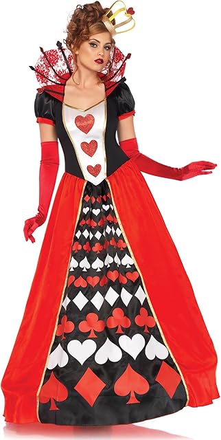 Womens 2 Pc Deluxe Queen of Hearts With Card Suit Ball Gown, Crown Adult Sized Costumes