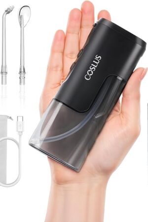 COSLUS Mini Water Flosser for Travel: Portable Compact Design, Cordless Oral Irrigator with 4 Modes, Removable Tank, IPX7 Waterproof for Braces, Orthodontic, Sensitive Teeth On-The-Go Use, Black, T40