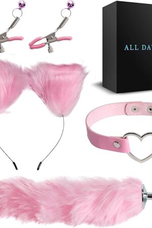 Anal Cat Tail Set, All DAYYS Stainless Steel But Plug Sexy AdultToys for Ease of Anal Play -Anel Dildo Cosplay Furry Ears and Nipple Clamps Anal Butt Plugs for Men Women and Couples Sex Toys (Pink)
