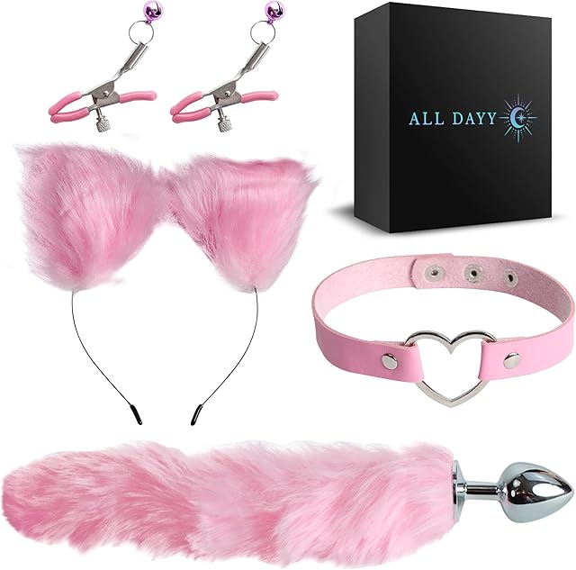 Anal Cat Tail Set, All DAYYS Stainless Steel But Plug Sexy AdultToys for Ease of Anal Play -Anel Dildo Cosplay Furry Ears and Nipple Clamps Anal Butt Plugs for Men Women and Couples Sex Toys (Pink)
